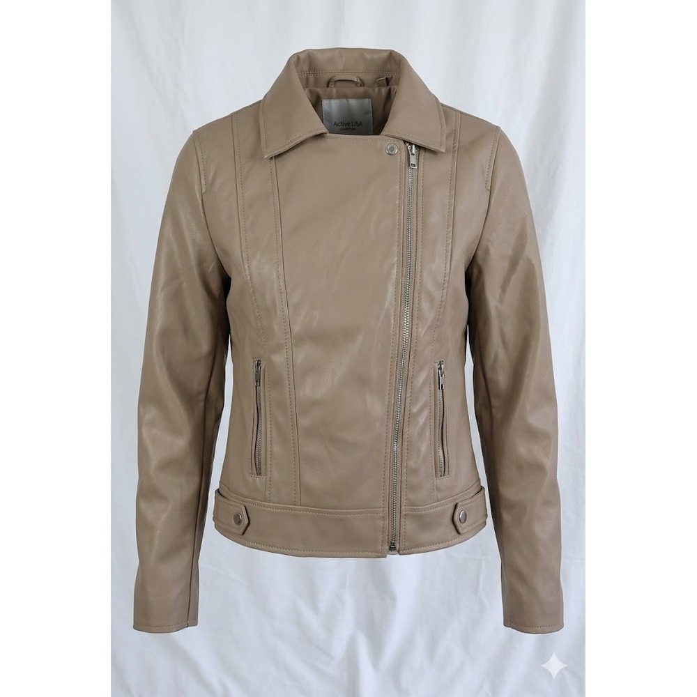 Active USA Faux Leather Biker Jacket Beige Tan Vegan Moto Coat Womens L